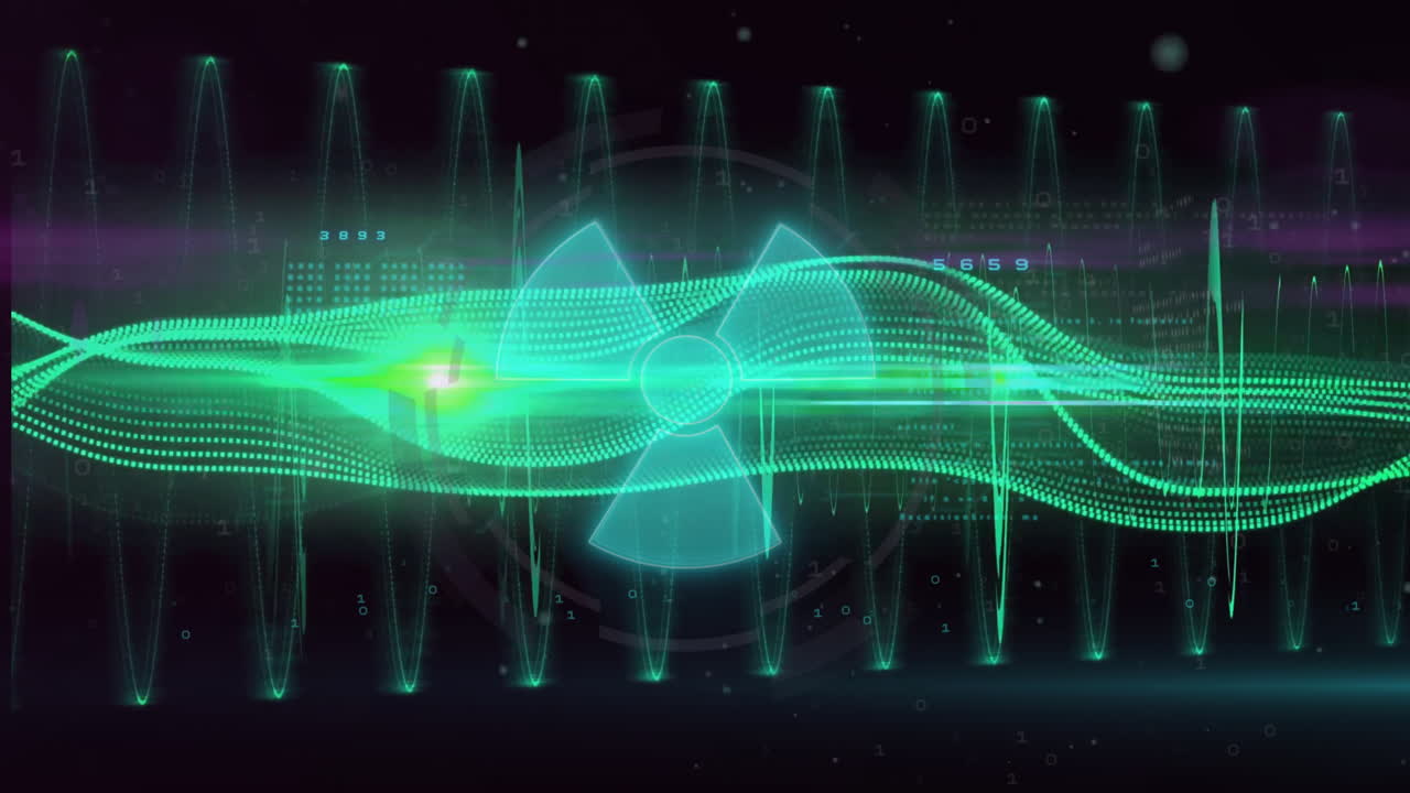 핵 기호의 애니메이션 데이터 처리 및 검은색 배경에 빛의 흔적