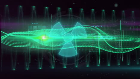 animación del símbolo nuclear sobre procesamiento de datos y rastros de luz sobre fondo negro