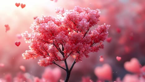 cherry blossom tree. a cherry blossom tree full of pink flowers surrounded by floating heart shapes in a soft, dreamy atmosphere.