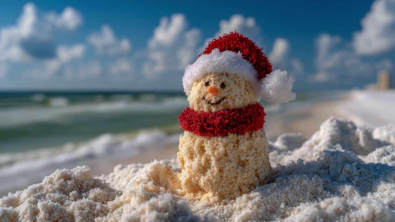 A Whimsical Beach Scene Featuring a Sand Snowman Dressed for the Holidays, Complete with a Santa Hat and Scarf, Embracing a Festive Spirit by the Ocean