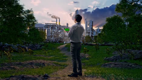 full body back view of an asian male professional worker standing with green screen smartphone in front of oil refinery, industrial facility