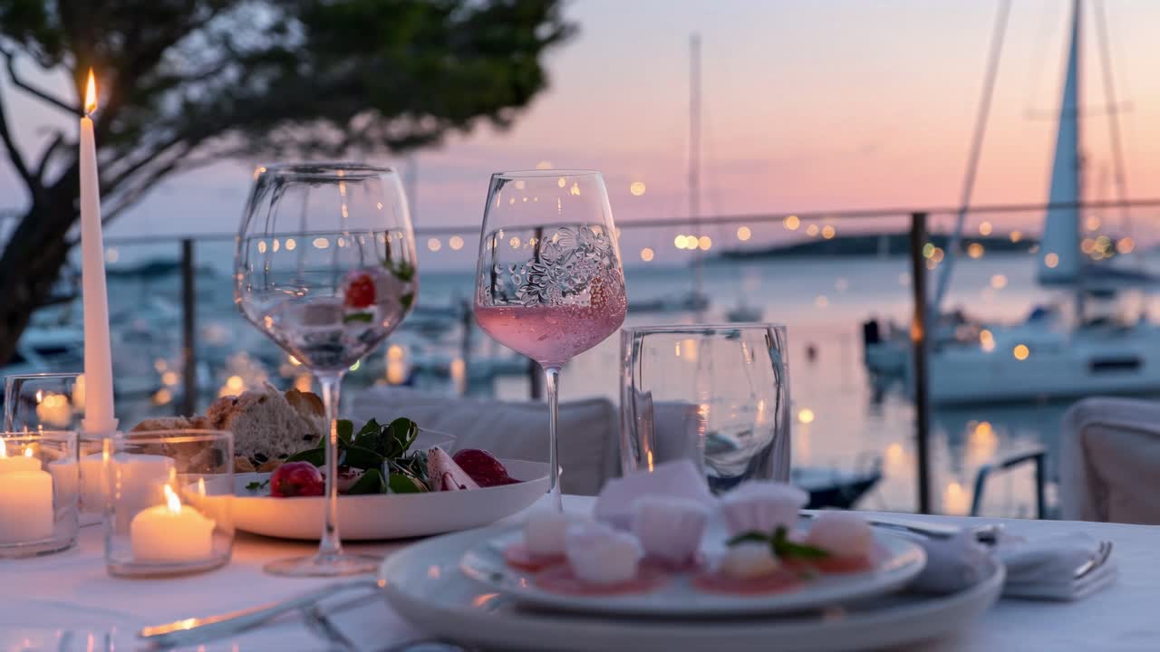 Glasses filled with rose wine and an array of gourmet appetizers adorning a beautifully set table create a romantic atmosphere for an enchanting dinner, overlooking a marina at sunset