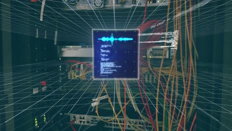 animation of data processing on screen over computer wires