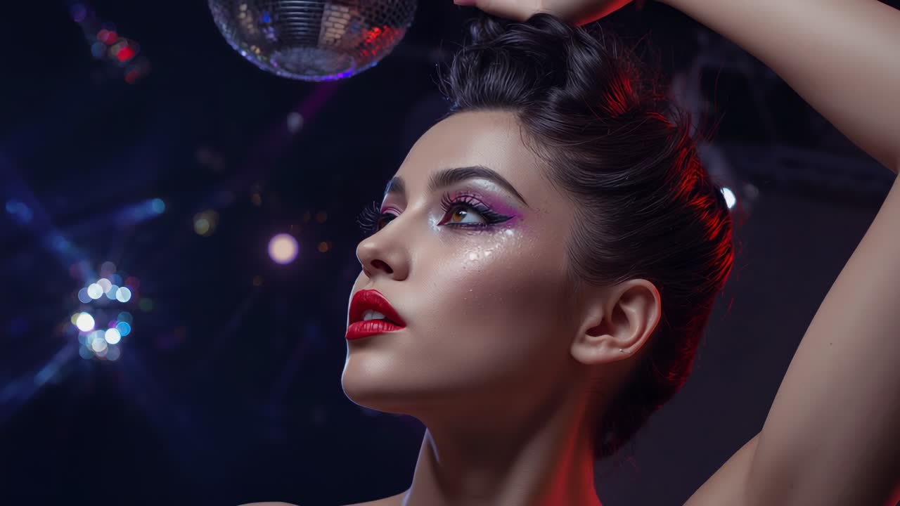 Rotating mirror ball lights inspiring model styling hair in club studio, reflections pulsing