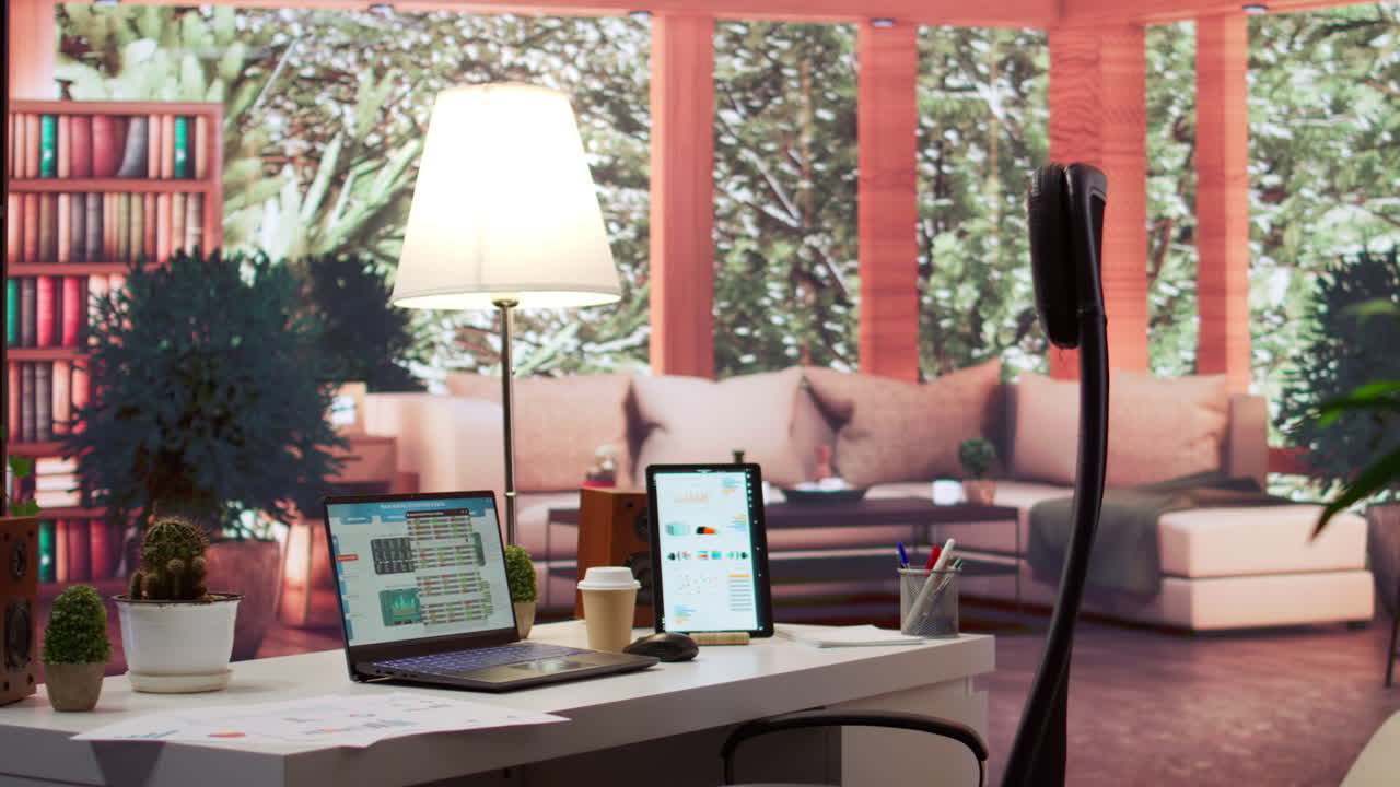 Empty home setup with tablet and laptop showing financial statistics