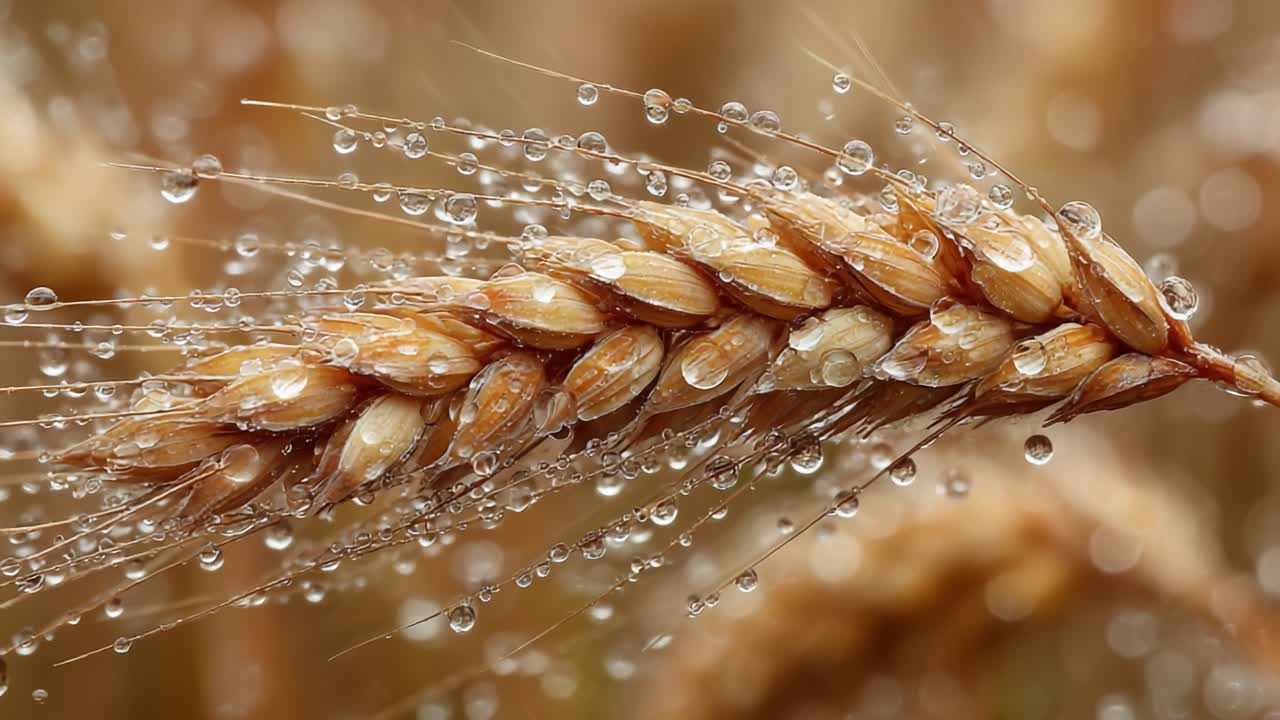 Close-Up of Wheat Grain with Glistening Water Droplets Highlighting the Natural Beauty and Texture of Agricultural Harvest in a Lush Golden Field