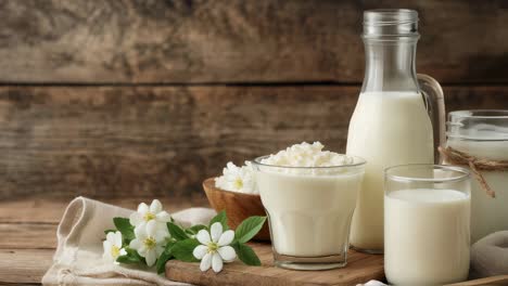 dairy products on wooden table with flowers
