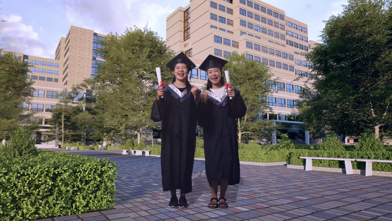 cuerpo lleno de estudiantes asiáticas con gorras y túnicas sosteniendo diplomas y gritando celebrando la graduación frente a un magnífico edificio universitario