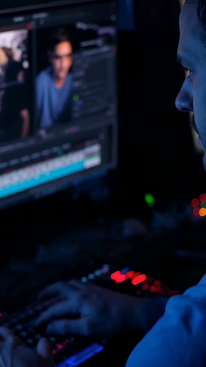 Video Vertikal: Pria editor berkaus biru bereaksi terhadap pemutaran ulang di meja dengan tombol monitor, ruang kosong tersedia.
