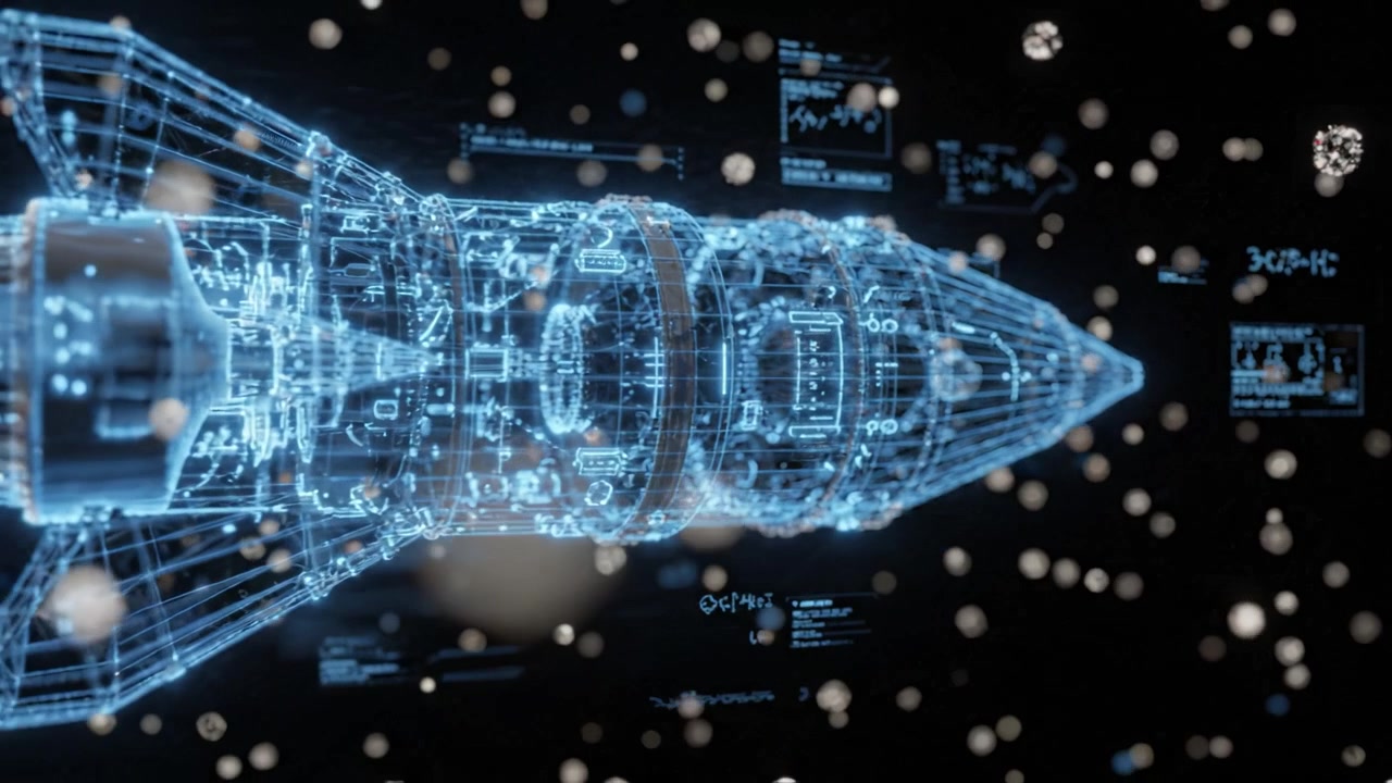 Futuristic Rocket Design: Highly Detailed, High-Tech Blueprint of a Hypothetical Spacecraft Navigating Through Cosmic Particles in a Digital Universe