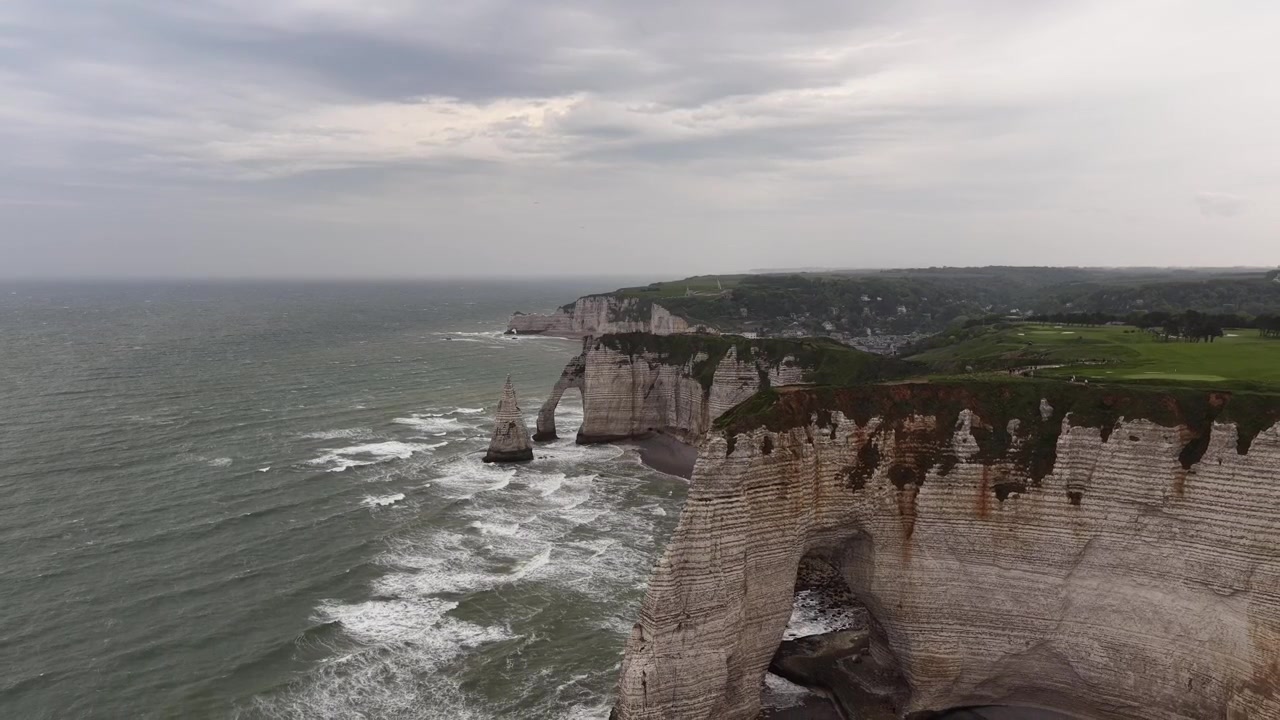 Porte d'Aval English Channel coastline Alabaster Coast Étretat cliffs in Normandy, aerial France