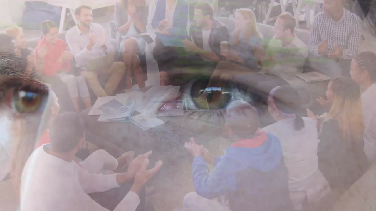 Animation of man's face and data processing over smiling business colleagues clapping