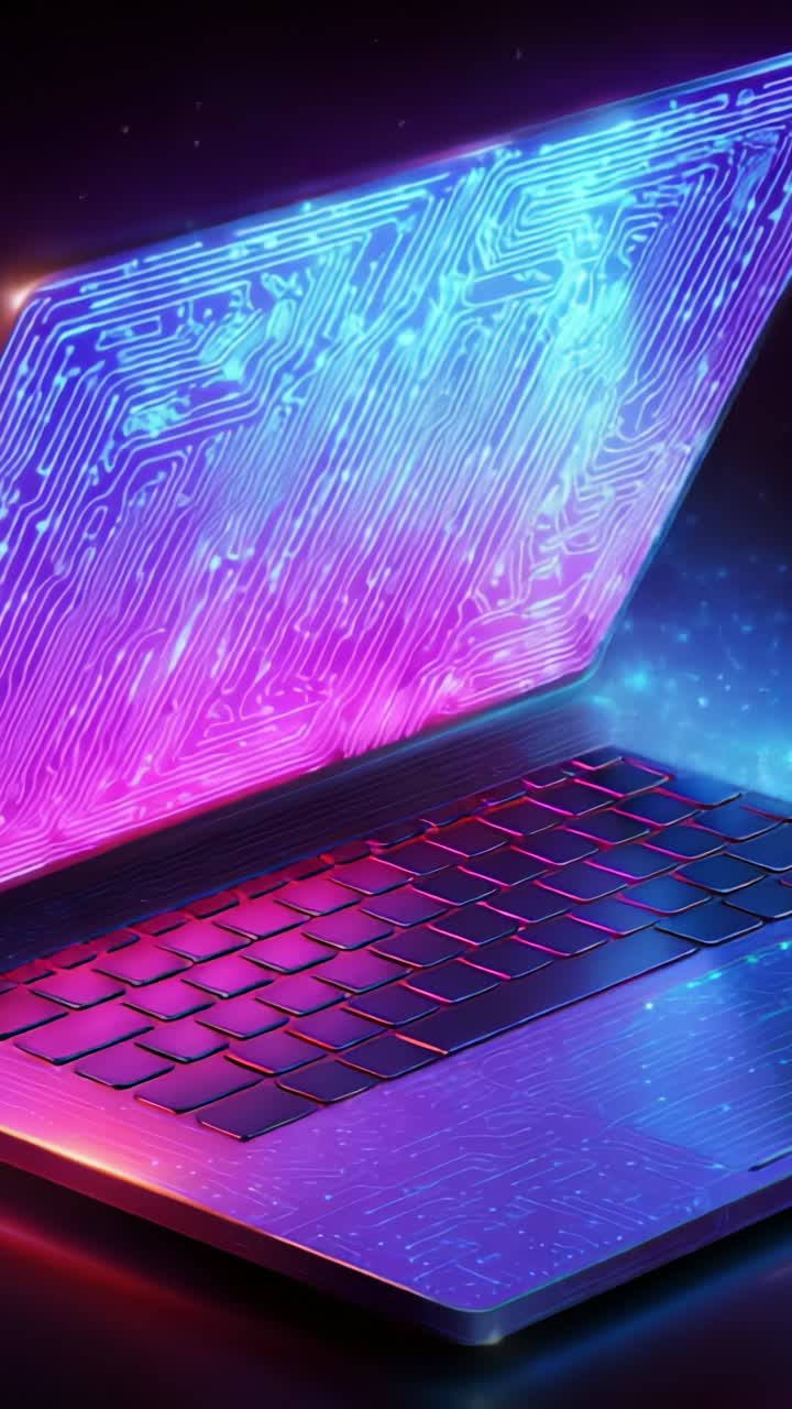 En levande laptop som visar ett neonkretsmönster upplyst av mångfärgade ljus med en glödande estetik som skapar en fantastisk visuell effekt