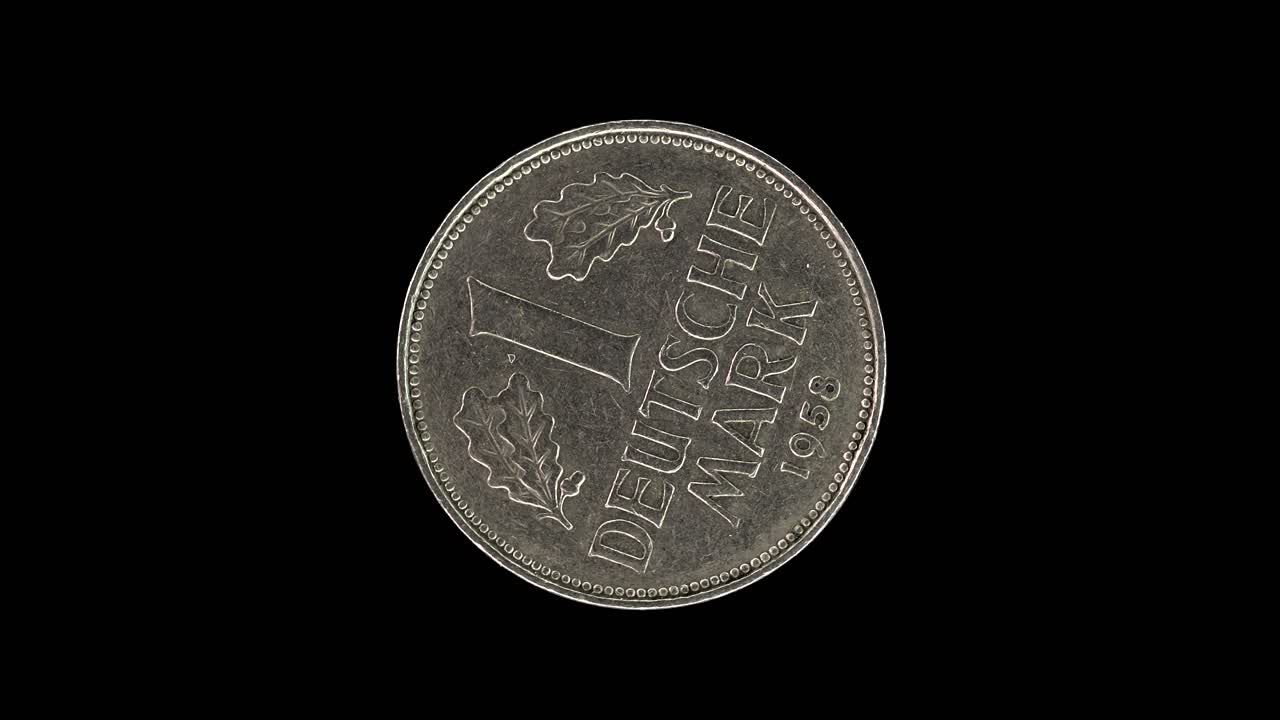 Germany 1 Deutsche Mark 1958 reverse with oak leaves and denomination, macro loop on black background