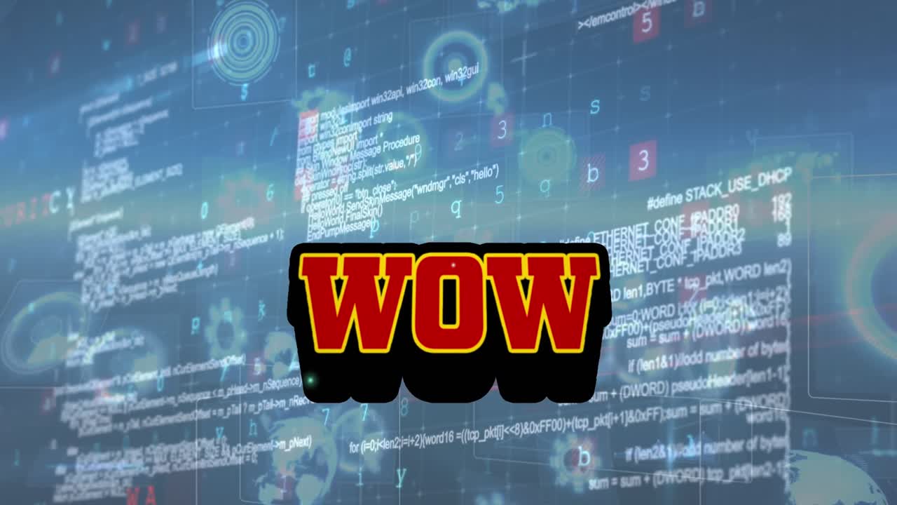 파란색 배경에 와우 텍스트와 데이터 처리의 애니메이션