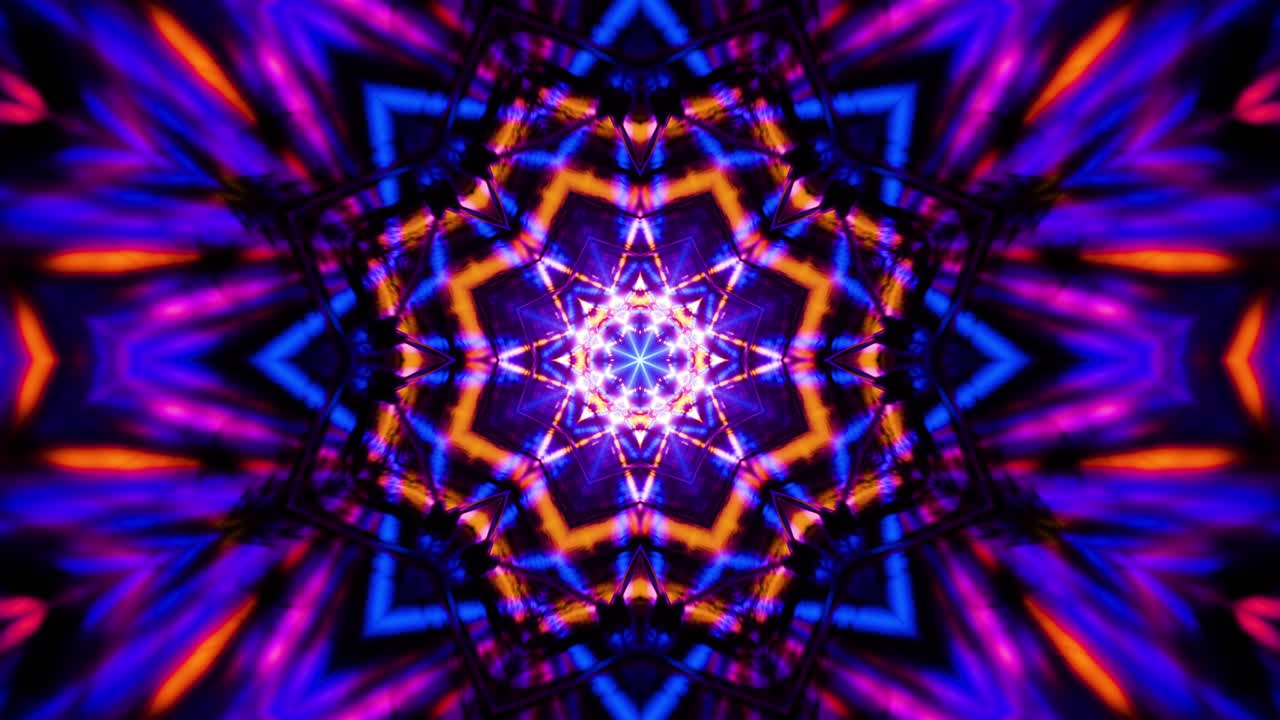 volando en un túnel con luces fluorescentes azules y amarillas intermitentes. animación en bucle de caleidoscopio.