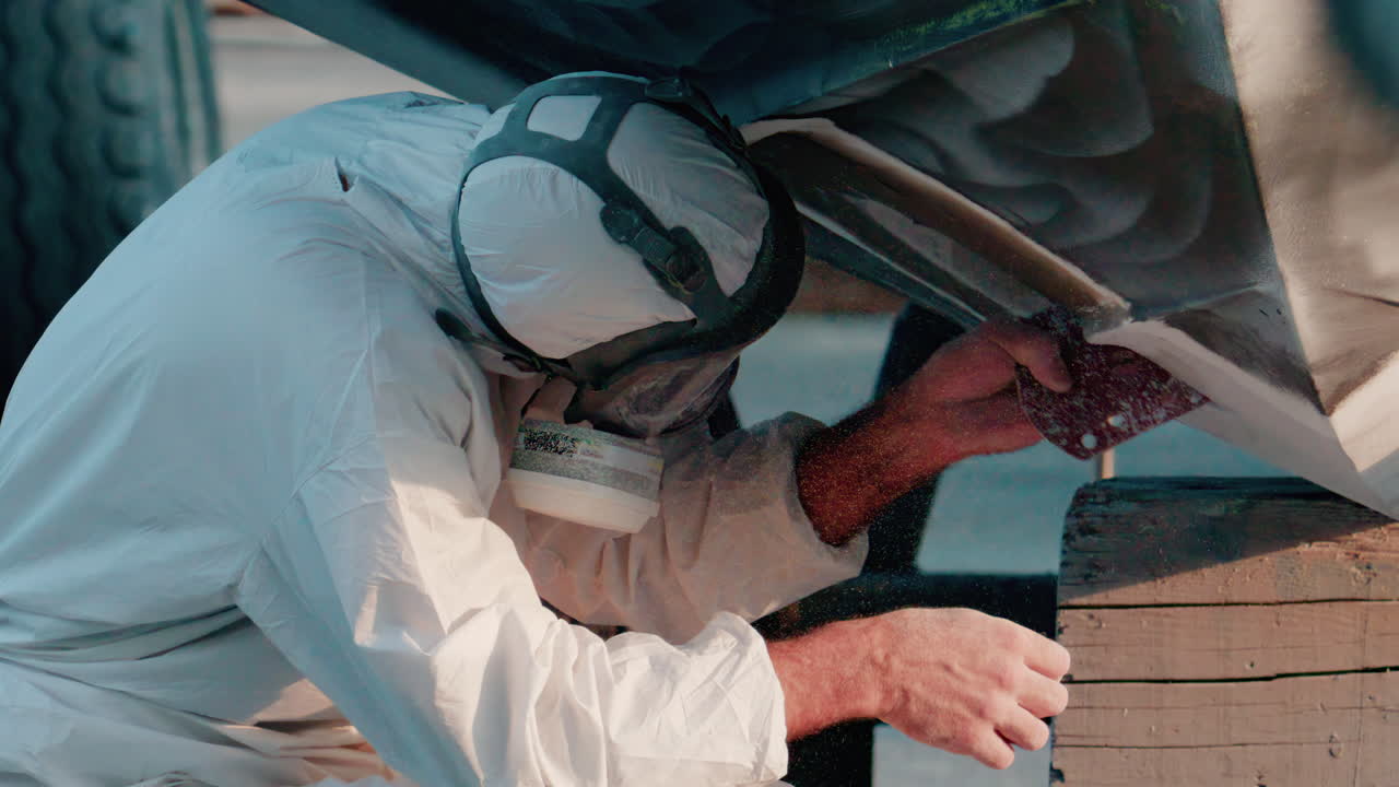 Cannes, France - October 11, 2025: Two workers wearing protective white suits and respirators sand and repair the hull of a boat in dry dock