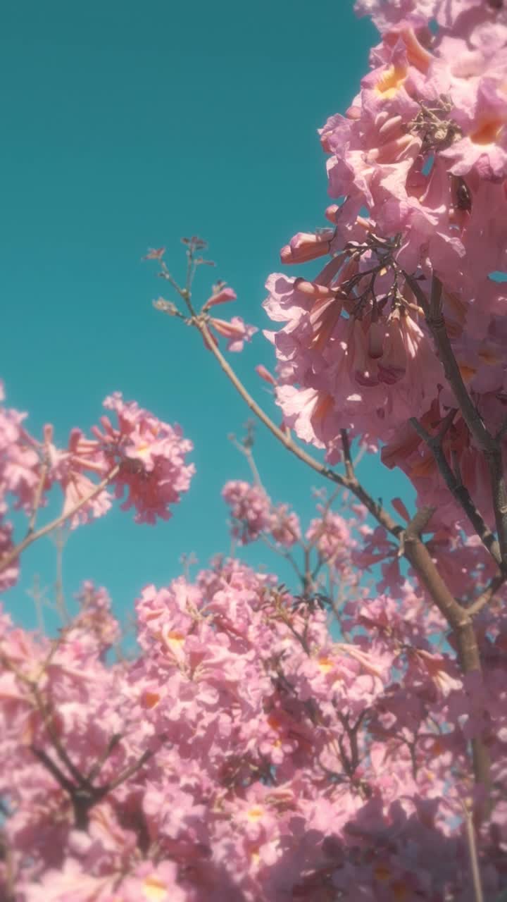 Pink Flowering Tree Against a Bright Blue Sky