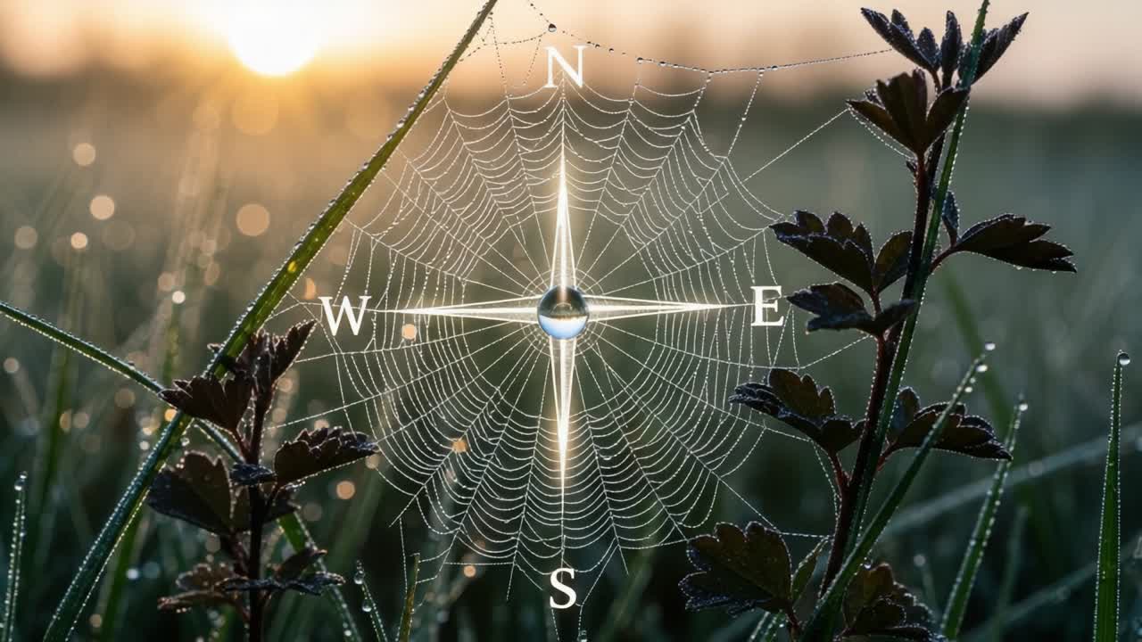 A Captivating Morning Scene Showcasing a Dew-Laden Spiderweb with a Glimmering Droplet at the Center and a Compass Rose Indicating Directions