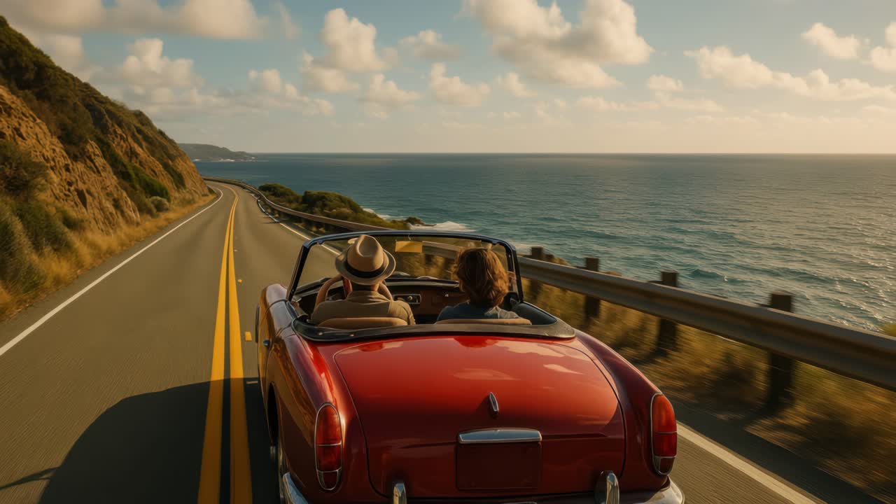 Aerial video captures a vintage convertible driving along a coastal road, with a scenic ocean view