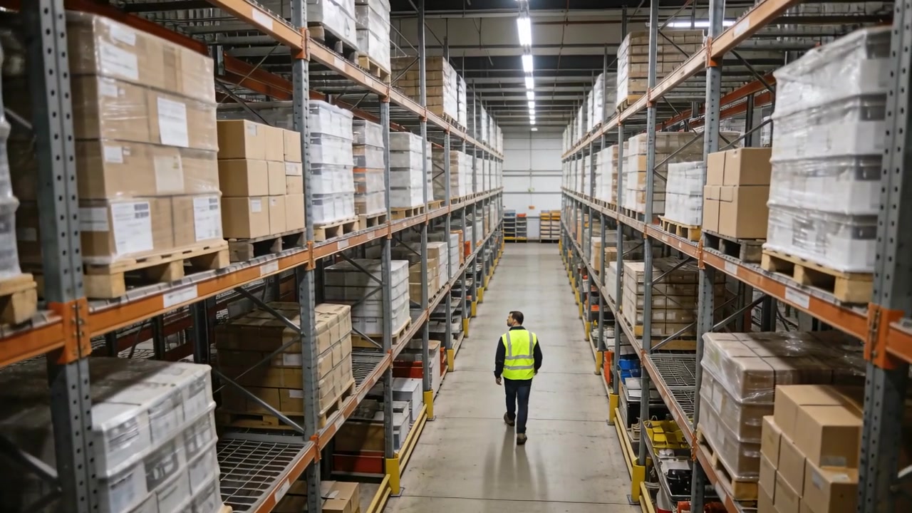Trabajador de almacén caminando con chaleco de alta visibilidad, moviéndose por el pasillo central y revisando el inventario de palets.