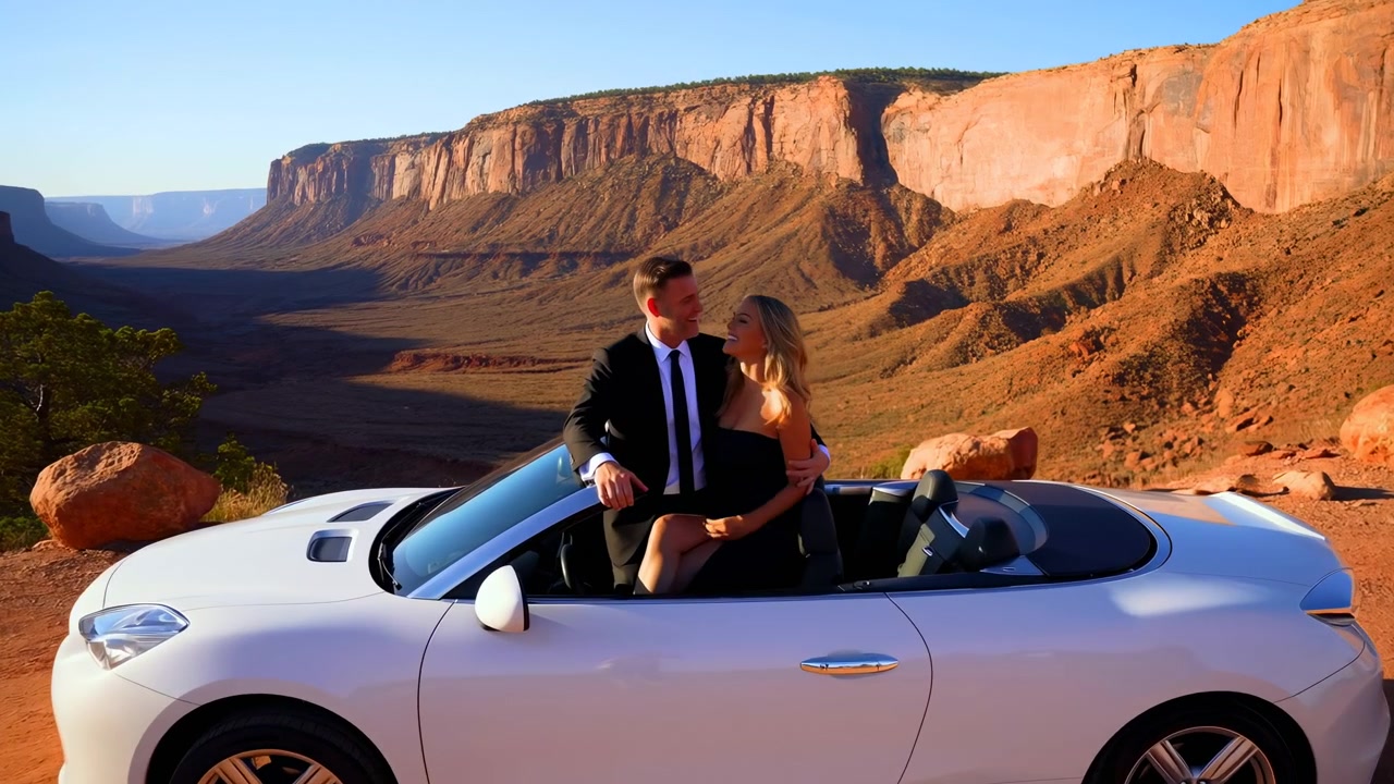 Hvit kabriolet parkert ved et ørkenutsiktspunkt, mens formelt kledde mennesker lener seg ved siden av den, innrammet av ruvende canyonklipper, robust rød stein, varmt sollys, lange skygger og åpen himmel
