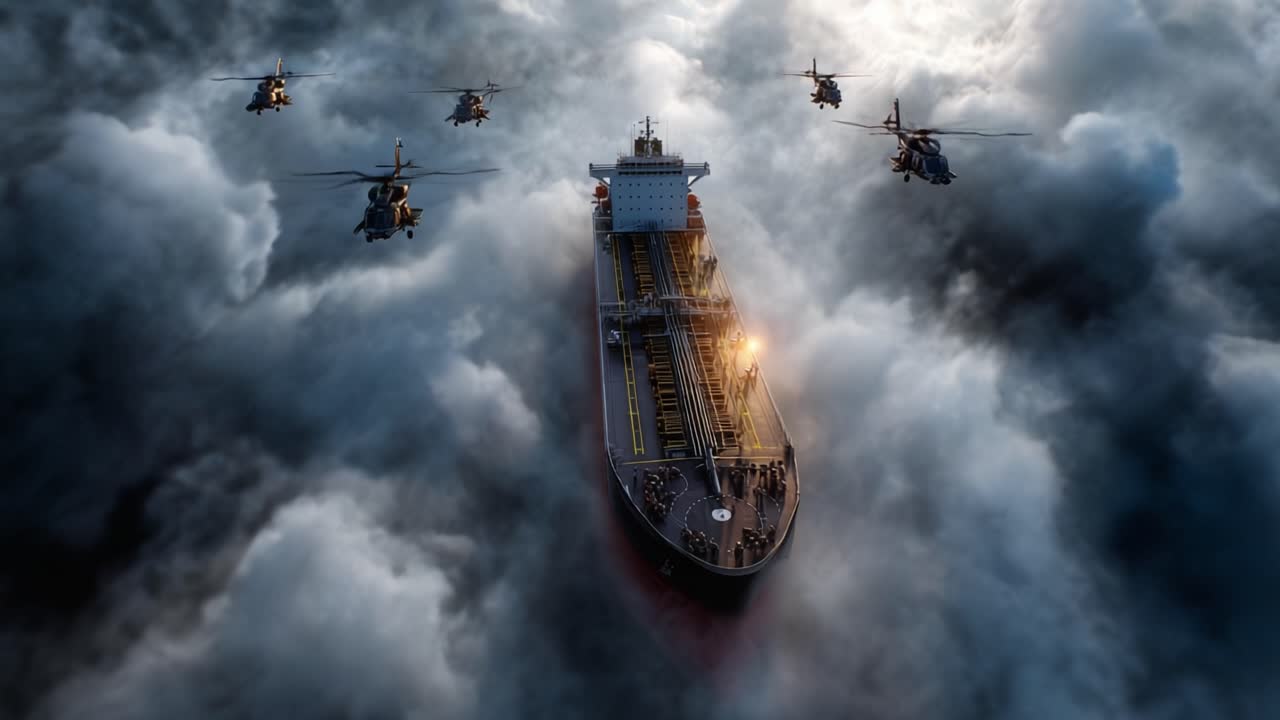 Large cargo ship sails through stormy clouds. Multiple helicopters fly around the vessel. Dramatic lighting highlights the ship's structure. Scene evokes tension, urgency, or military operation