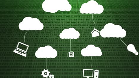 Animation-of-network-of-digital-clouds-with-icons-over-binary-coding-processing