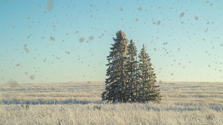 Winter landscape in a field with three snow-covered fir trees, beautiful snowfall, sunny weather. Cinemagraf , video loop