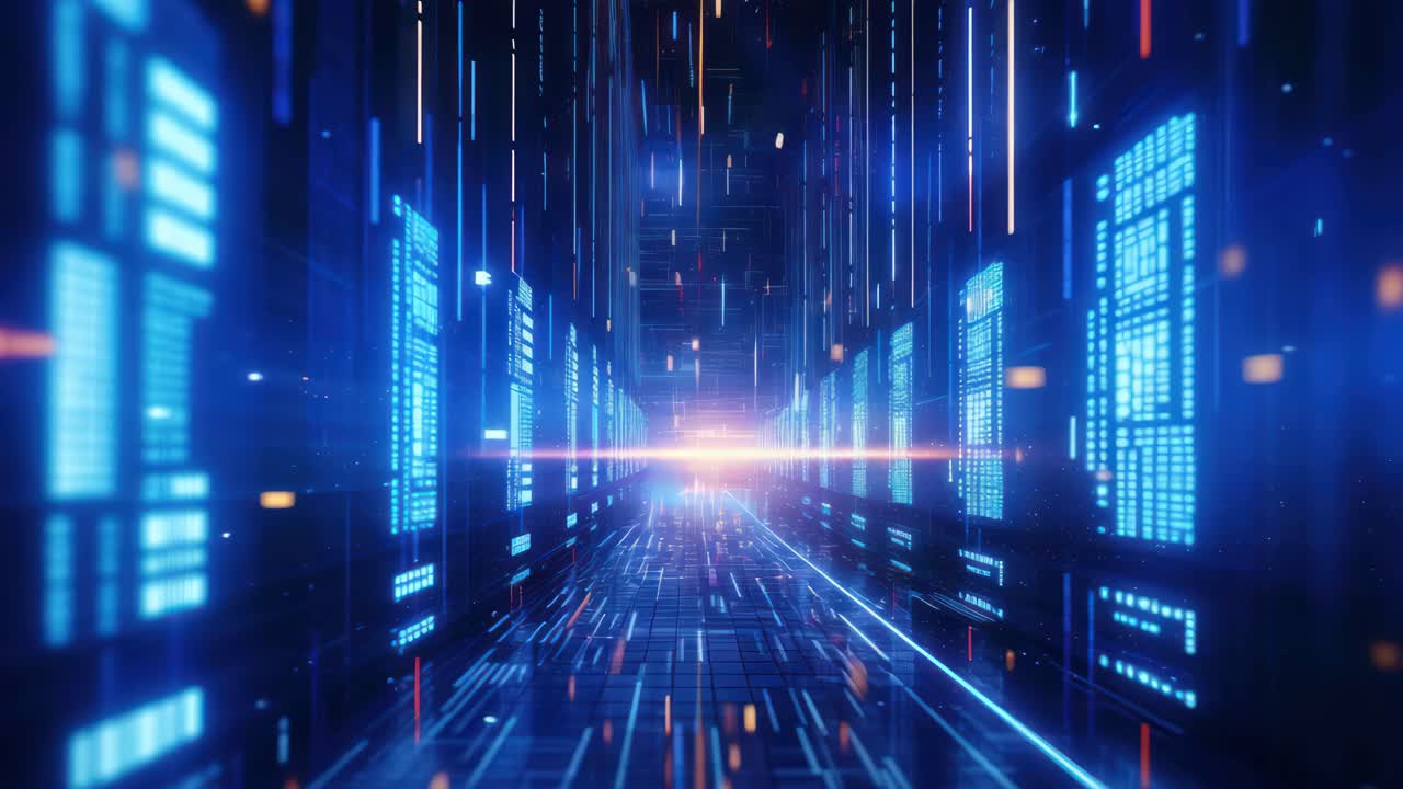 Futuristic data center with glowing blue servers, captured from a low-angle