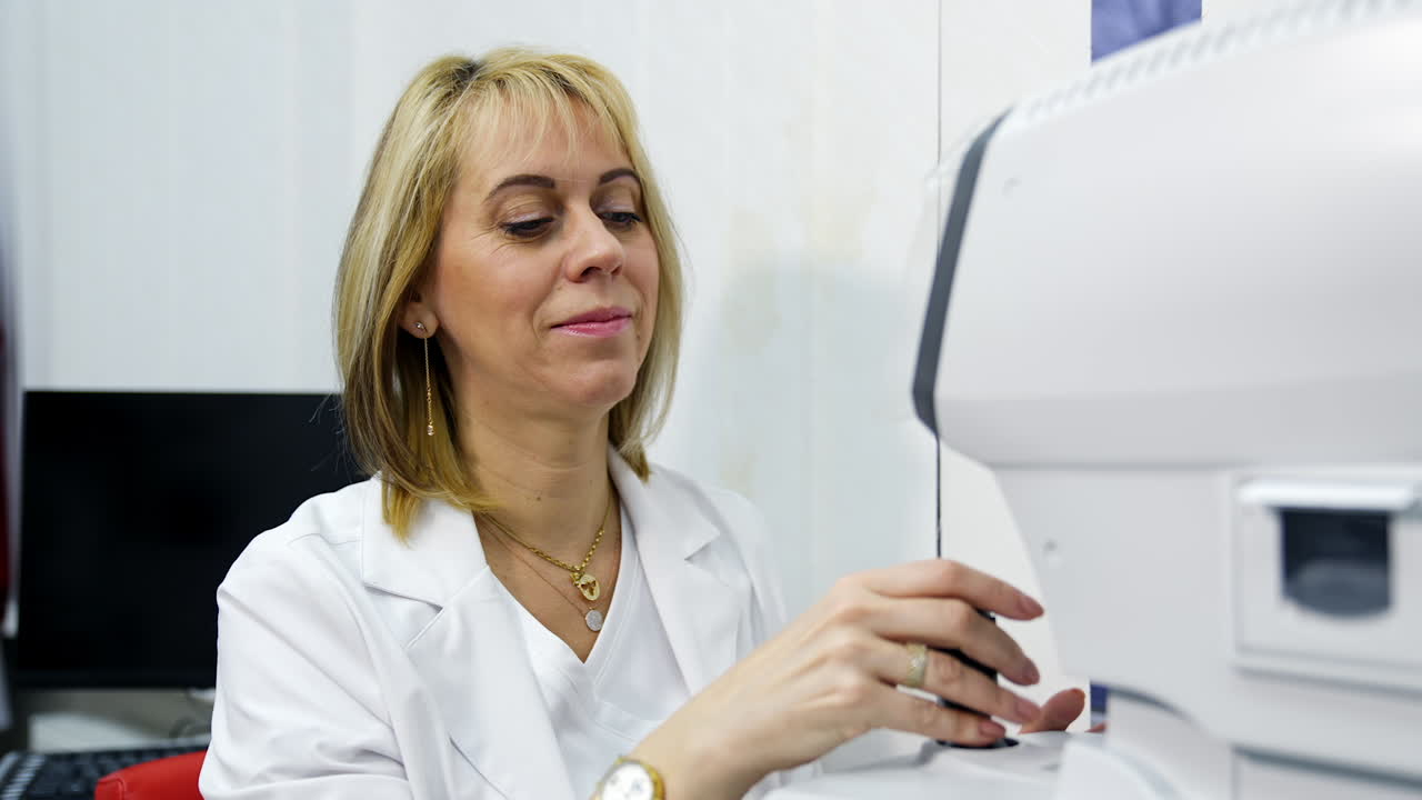Doctor and patient in ophthalmology clinic. Attractive female doctor ophthalmologist checking the eye vision of patient