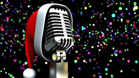 Animation-Leuchtender-Bunter-Lichter-über-Dem-Mikrofon-Mit-Weihnachtsmütze-Auf-Dunklem-Hintergrund