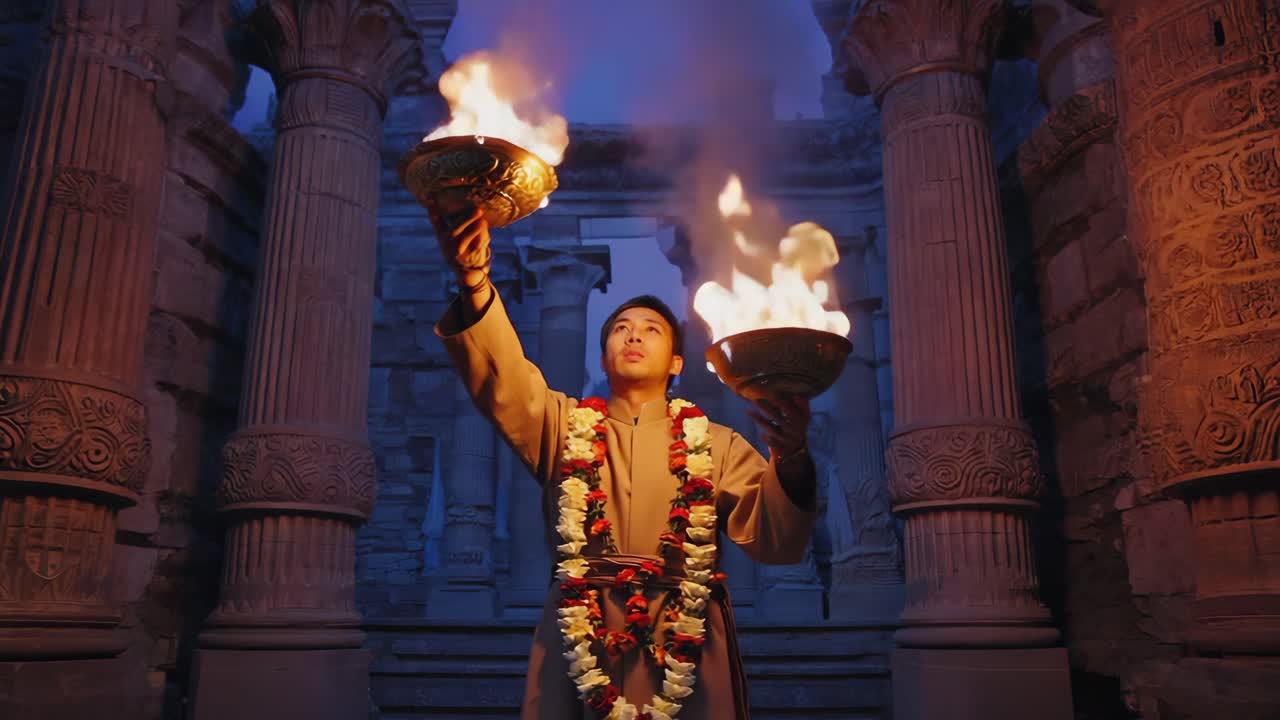 Man Performing Fire Ritual in Ancient Temple