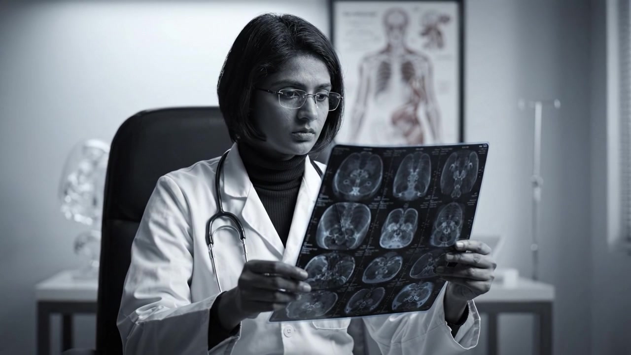 Focused Medical Professional Analyzing MRI Scans in a Clinical Setting with Anatomical Poster in Background, Showcasing Dedication to Patient Care