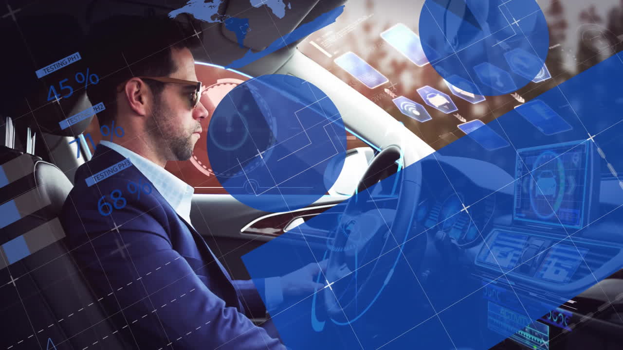 conduciendo un coche, un hombre rodeado de datos digitales y elementos de animación futuristas