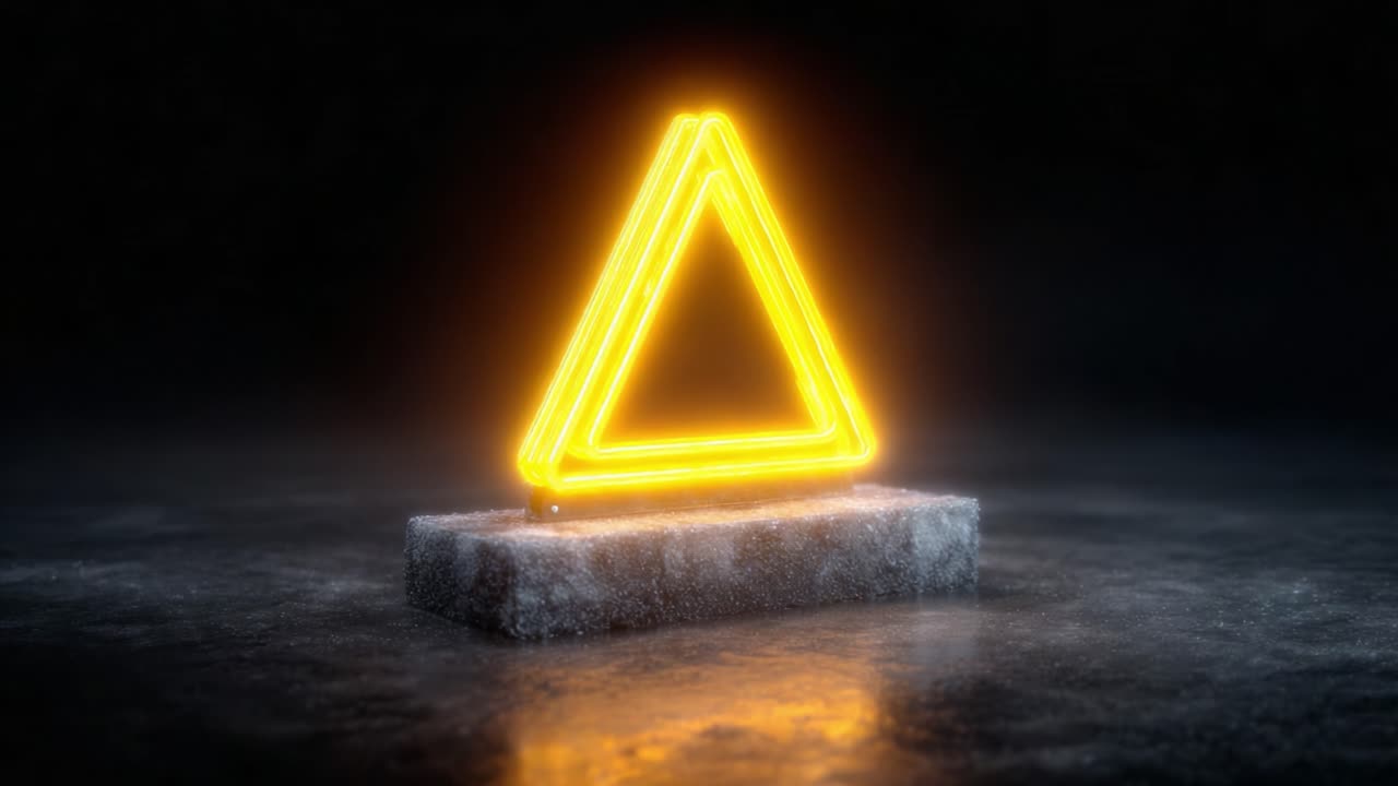 Illuminated Triangle Neon Sign on a Concrete Plinth in a Dark and Moody Environment, Showcasing a Striking Geometric Design with a Warm Yellow Glow
