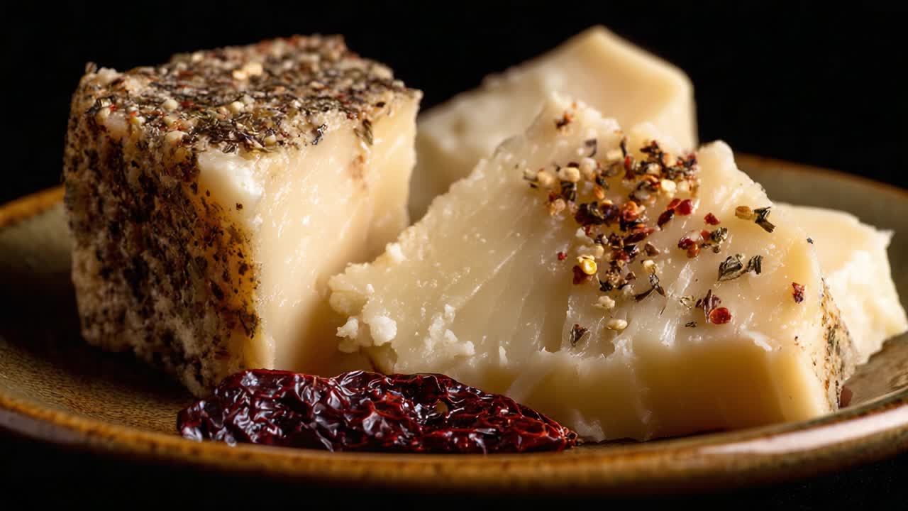 An Artistic Presentation of Smooth, Spiced Cheese Cubes Arranged on a Plate, Highlighting Textures and Seasoning in a Dark Setting