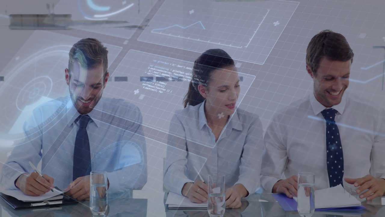 Right man flipping blue folder starting docs review in business meeting, HUD charts overlaying docs