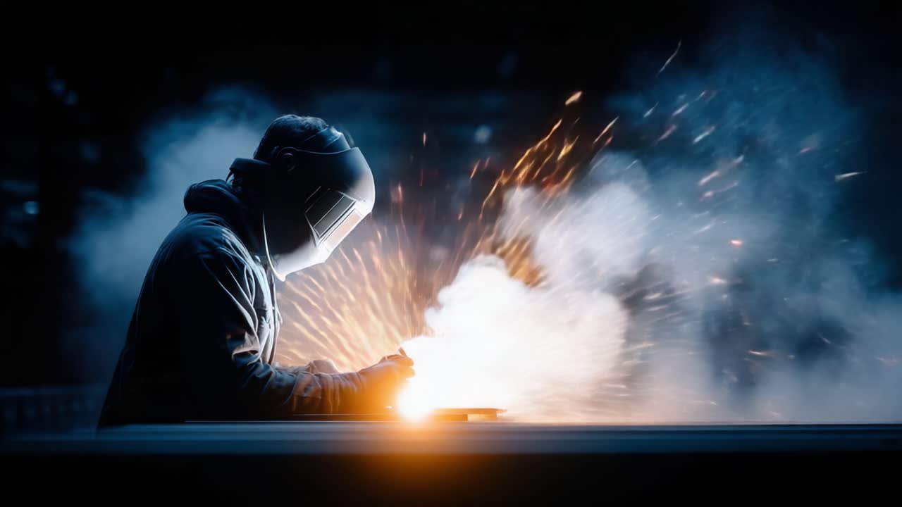 A skilled welder in action, creating sparks and bright flames against a backdrop of swirling smoke, showcasing artistry and craftsmanship in metalwork