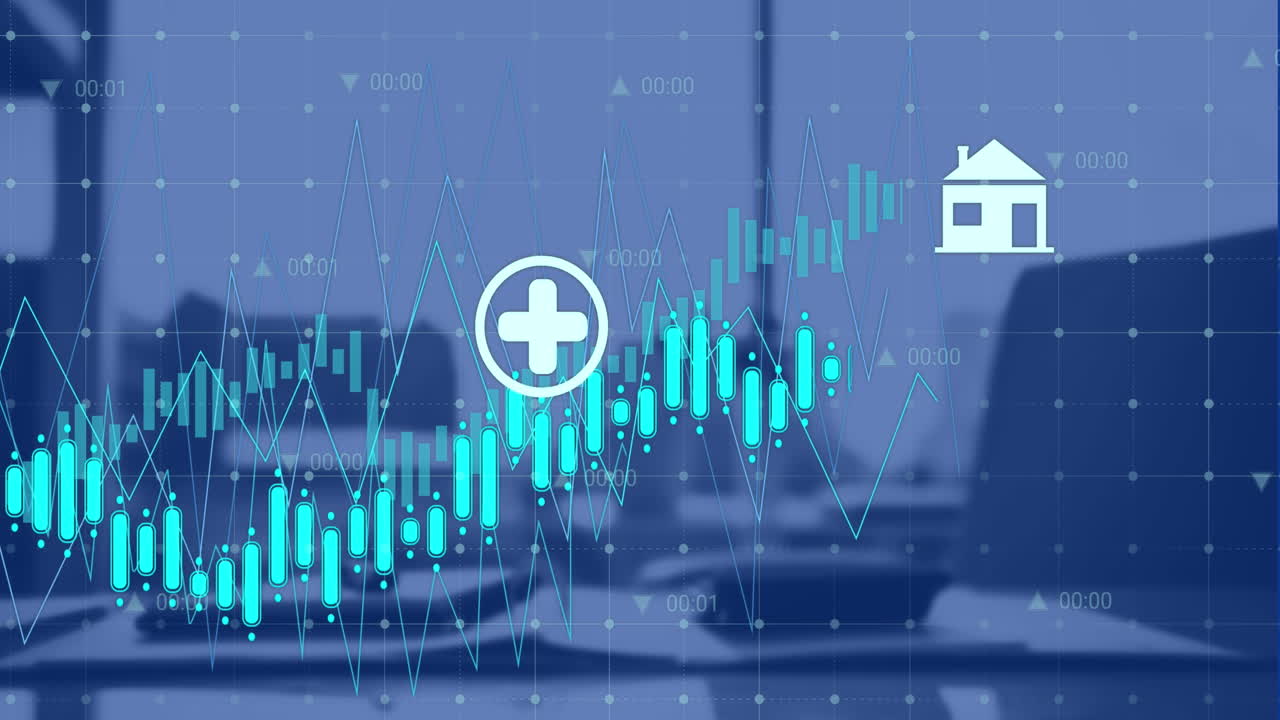 사무실 방 위의 아이콘으로 데이터 처리의 애니메이션