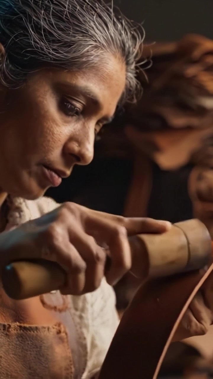 Uma artesã dedicada molda cuidadosamente um pedaço de couro em sua oficina, exibindo sua habilidade e arte em técnicas tradicionais de trabalho em couro