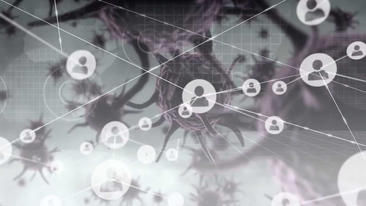 анимация макро-коронавируса ковид-19 клеток, распространяющихся по сети соединений с значками людей