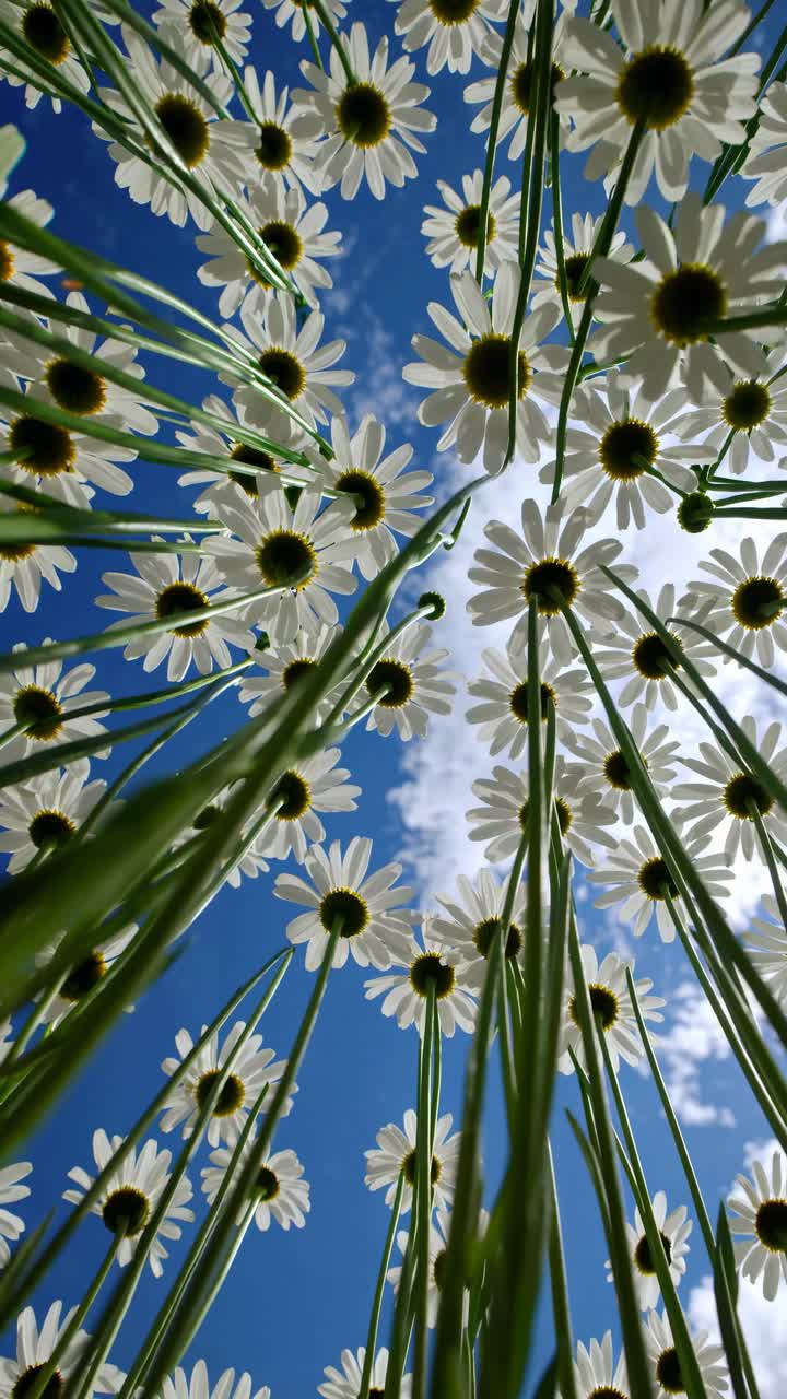 Visuale dal basso di margherite su un cielo blu, per creare una prospettiva stravagante e coinvolgente
