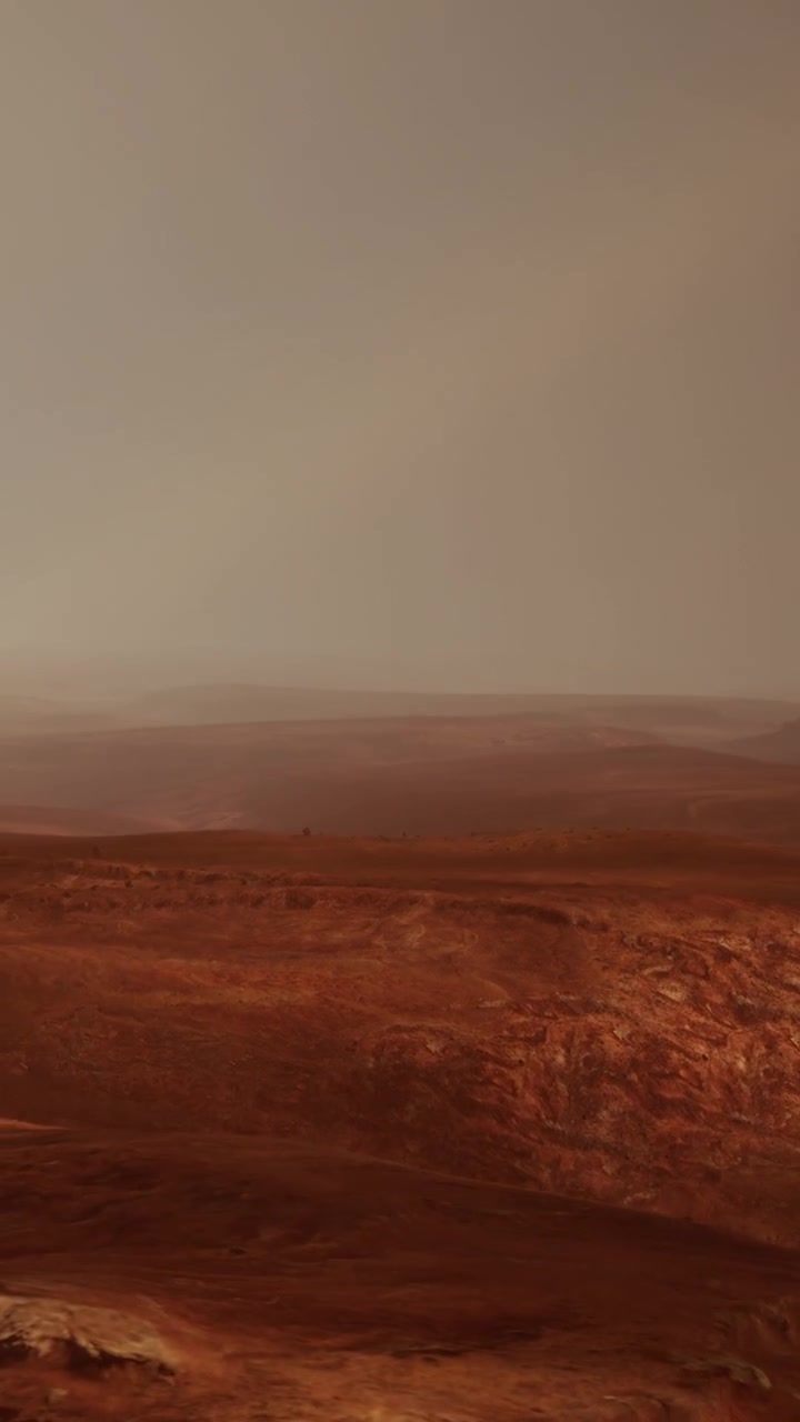 Vista paesaggistica di Marte che mostra un terreno roccioso e colline distanti in una luce soffusa