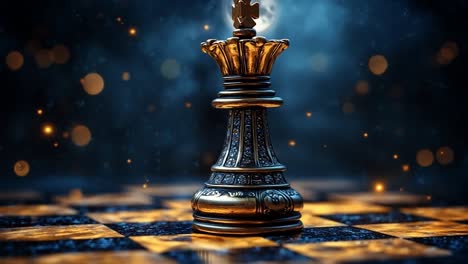 night king on glowing board. a detailed chess king piece stands tall on a glowing chessboard, illuminated by soft light in a dark setting.