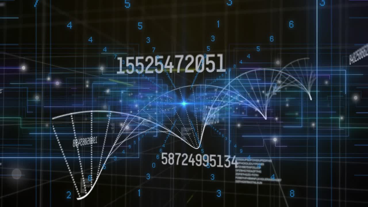 Animation of dna, network of connections with numbers on dark background