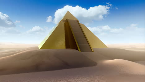 golden pyramid in a desert landscape
