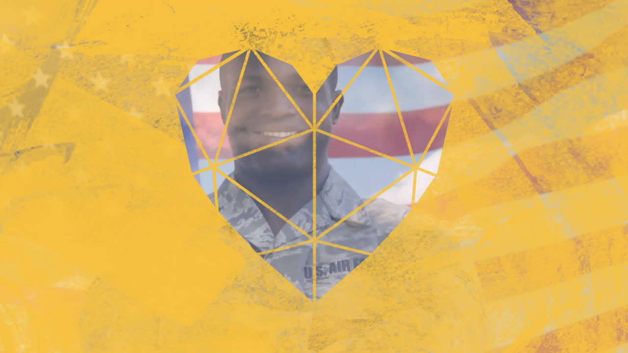 다이아몬드 심장과 노란색 텍스처의 애니메이션, 미국 발과 아프리카계 미국인 남성 군인