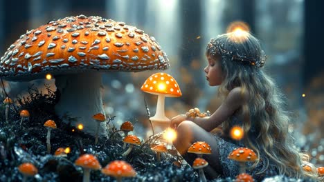 fairy girl admires giant mushroom in enchanting forest setting