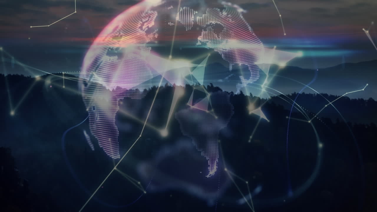 Animation of rotating globe with glowing network of connections over sunset landscape